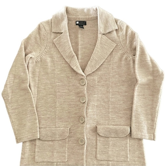 Carole Little Tan Merino Wool Sweater Jacket Long Button Cardigan M Preppy - Picture 3 of 8
